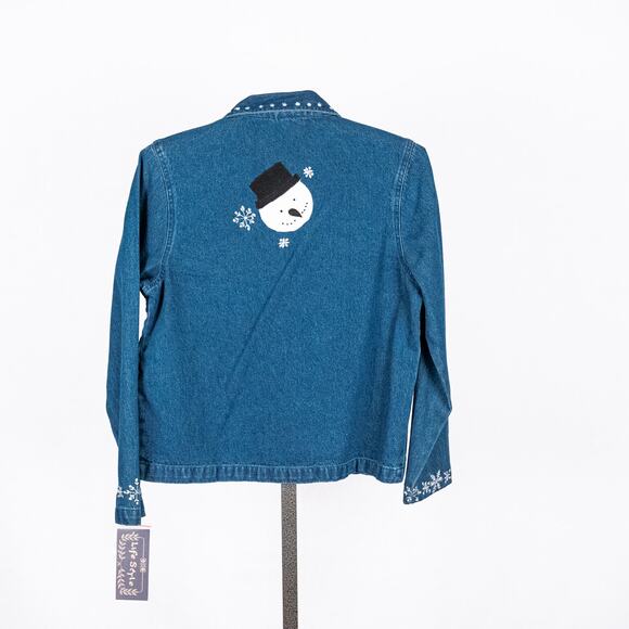 Womens Snowman Winter Holiday Embroidered Denim Jacket Corduroy Patchwork Beaded - Picture 5 of 8